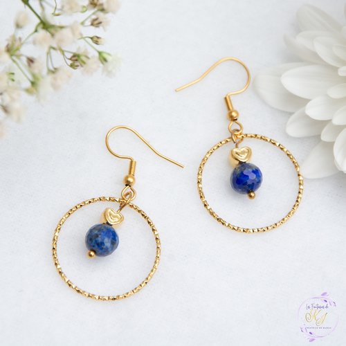 Boucles d'oreilles "meleana" acier 316l et lapis-lazuli 46 mm bijoux femme assembler mains (a819)