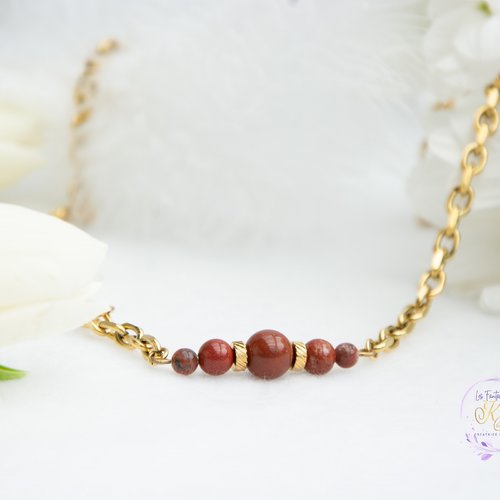 Collier "maia" acier et jaspe rouge 35 cm bijoux femme assembler mains (a811)