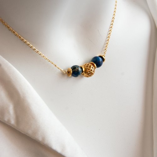 Collier "luciana" code : destock50 acier dorure or fin et jaspe 40 cm bijoux femme assembler mains (a808)