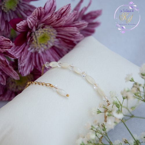 Bracelet de cheville "carmelia" code : destock50 acier 316l et nacre 25 cm bijoux femme assembler mains (a806)