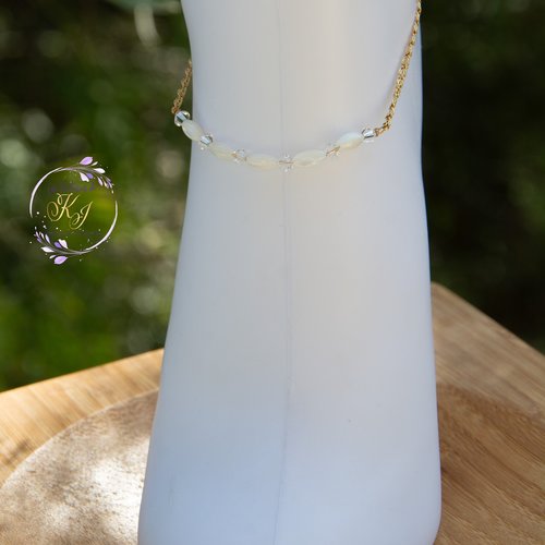 [déstockage -50%] bracelet cheville "carmelia" acier 316l 21,5 cm nacre cristal autrichien bijoux femme assembler mains (a806)