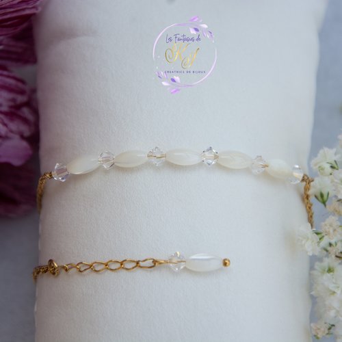 Bracelet de cheville "carmelia" acier 316l et nacre 25 cm bijoux femme assembler mains (a806)