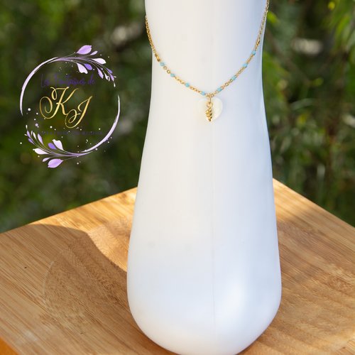 Bracelet de cheville "katalaya" acier inox et nacre 23,5 cm bijoux femme assembler mains (a805)