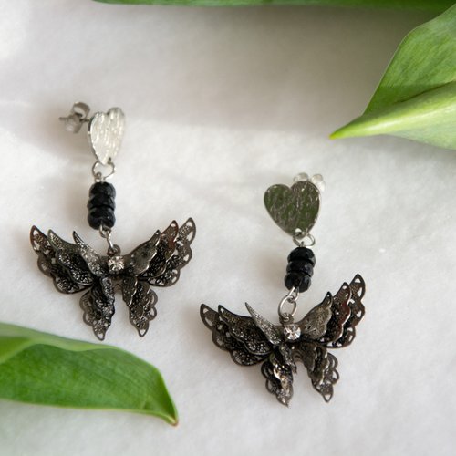 Clous d’oreilles "kimbela" acier et onyx 50 mm bijoux femme assembler mains (a804)