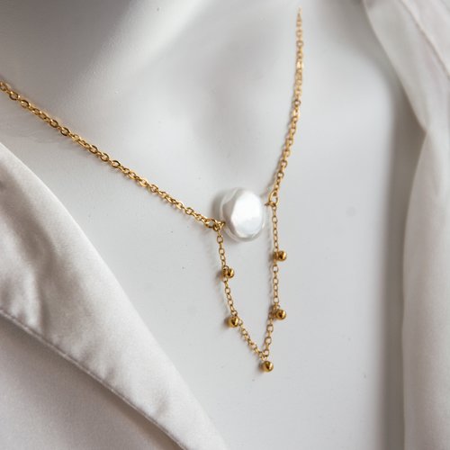 Collier "verolina" acier inox et perle d'eau douce 38 cm bijoux femme assembler mains (a802)
