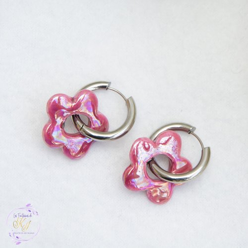 Créoles "petala" acier et céramique 20 mm bijoux femme assembler mains (a840)