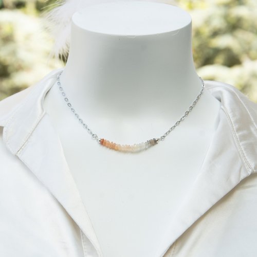 Collier "luna" acier 316l et pierre de lune 42 cm bijoux femme assembler mains (a843)