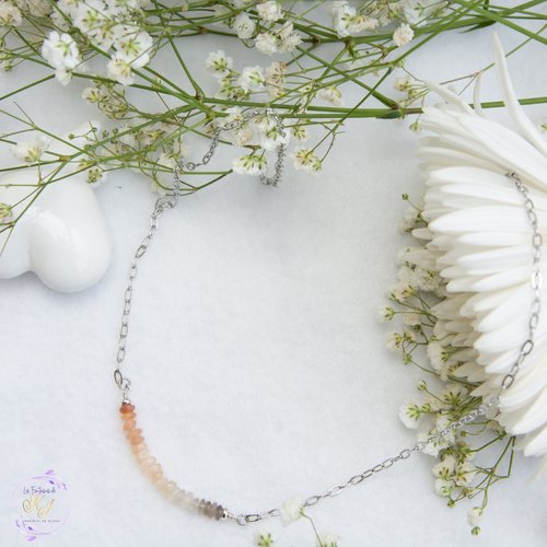 Collier "luna" code : destock50 acier 316l et pierre de lune 42 cm bijoux femme assembler mains (a843)