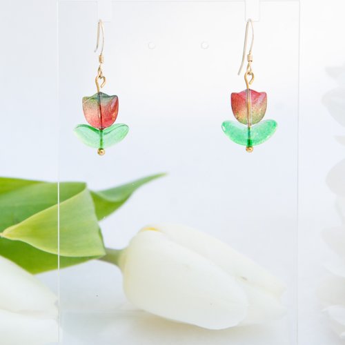 Boucles d’oreilles "tulipa" gold filled 14k et perles de verre 32 mm bijoux femme assembler mains (a837)