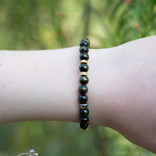 Bracelet "anza" acier 316l et jade mashan 14 cm bijoux femme assembler mains (a816)