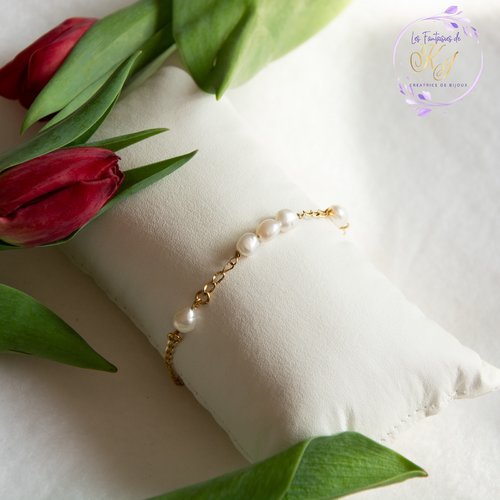 Bracelet "honoria" acier 316l et perles d'eau douce 16,5 cm bijoux femme assembler mains cérémonie (a800)