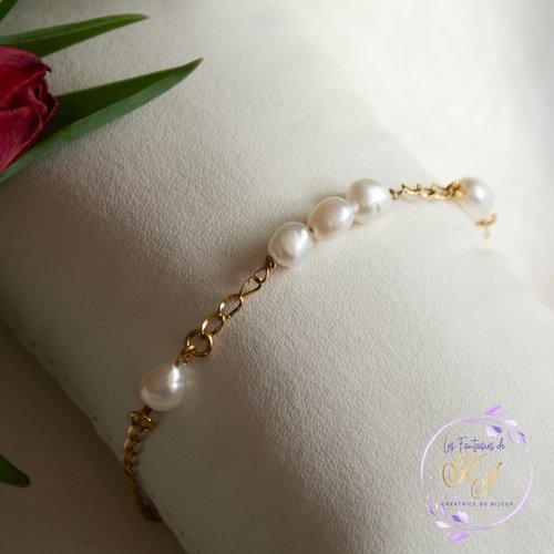Bracelet "honoria" acier 316l et perles d'eau douce 16,5 cm bijoux femme assembler mains (a800)