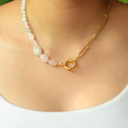 Collier "ellanora" acier 316l et morganite 42 cm bijoux femme assembler mains (a404)