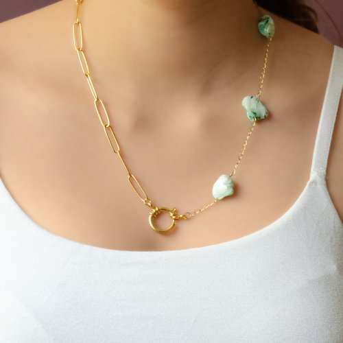 Collier "néréide" acier 316l et coquillage 49 cm bijoux femme assembler mains (a412)