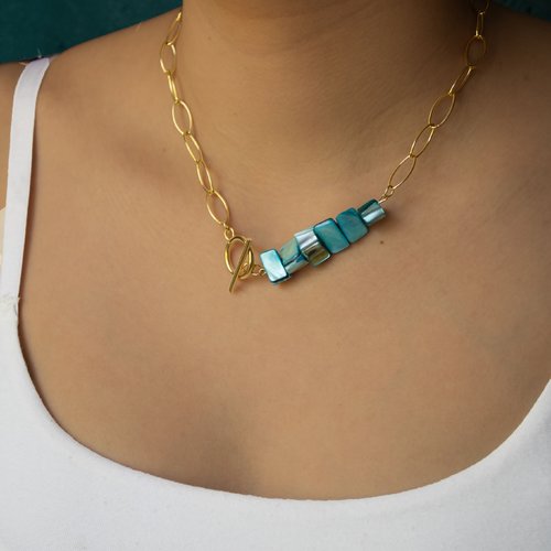 Collier "lorela" acier 316l et coquillage 40 cm bijoux femme assembler mains (a401)