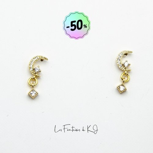 Boucles d’oreilles "lune" code : destock50 or fin 24k et cristal autrichien 20 mm bijoux femme assembler mains (a137)