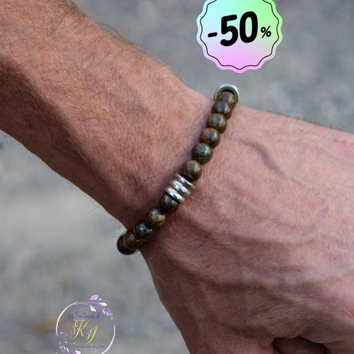 Bracelet "nova" code : destock50 acier 316l et bronzite 20 cm bijoux homme assembler mains (a154)