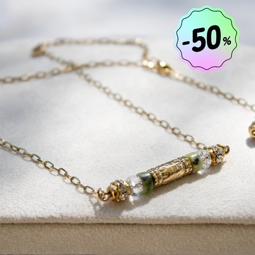 Collier "nyla" code : destock50 acier 316l et jade 35 cm bijoux femme assembler mains (a662)