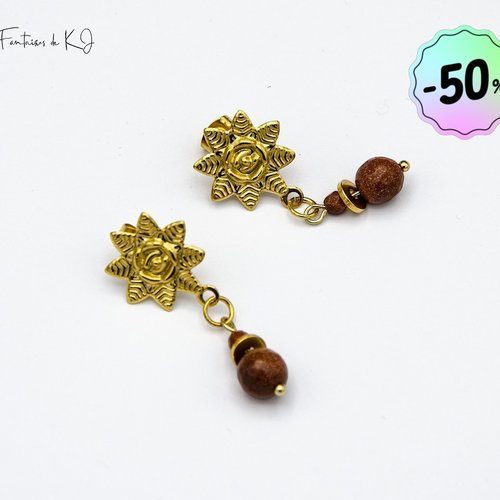 Boucles d’oreilles "heliana" code : destock50 acier inoxydable et pierre de soleil 40 mm bijoux femme assembler mains (a889)