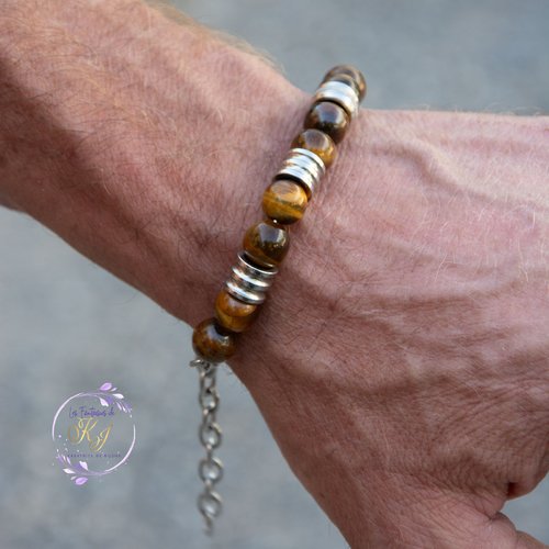 Bracelet "nicolas" code : destock50 acier inoxydable et oeil de tigre 18 cm bijoux homme assembler mains (a877)