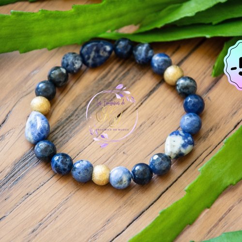 Bracelet "noelia" code : destock50 acier 304 et sodalite 16.5 cm bijoux femme assembler mains (a114)