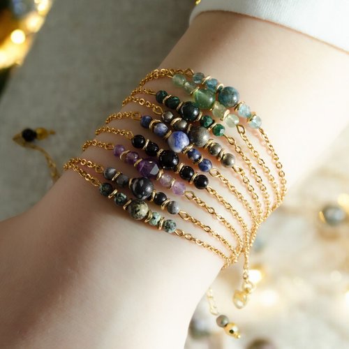 Bracelet "énergia" code : destock50 acier 316l et malachite 13.3 cm bijoux femme assembler mains (a509)