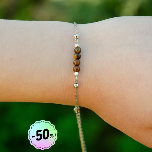 Bracelet "elma" code : destock50 acier 316l et œil de tigre 19 cm bijoux femme assembler mains (a626)