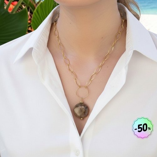 Collier "evangelina" code : destock50 acier 316l et agate 44 cm bijoux femme assembler mains (a622)