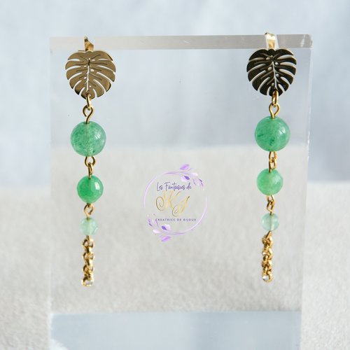 Boucles d'oreilles "adalayna" code : destock50 acier 316l et aventurine 5.7 cm bijoux femme assembler mains (a772)
