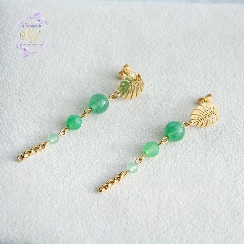 Boucles d'oreilles "adalayna" code : destock50 acier 316l et aventurine 5.7 cm bijoux femme assembler mains (a772)