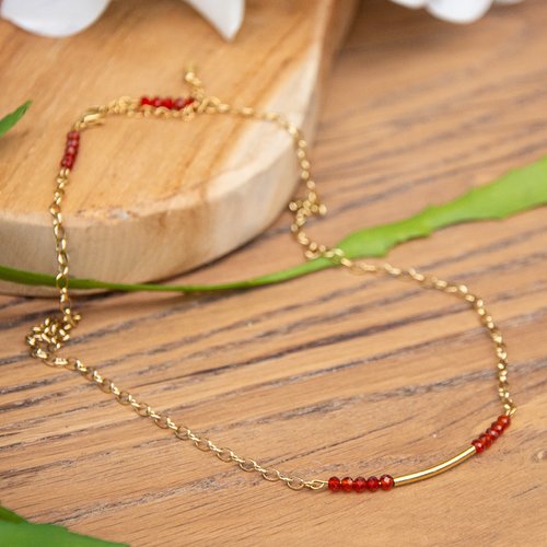 Collier "maela" code : destock50 acier 316l et cornaline 40 cm bijoux femme assembler mains (a580)