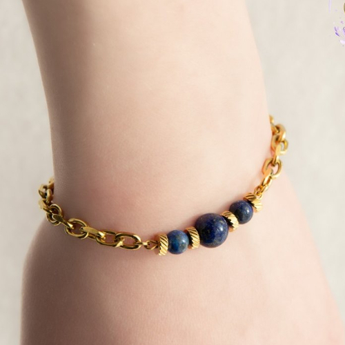 Bracelet "zoela" acier doré lapis lazuli bleu 14 cm (a773)
