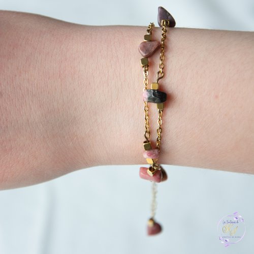 Bracelet "dalia" [déstockage -50%] acier 316l et rhodochrosite 15,5 cm bijoux femme assembler mains (a659)