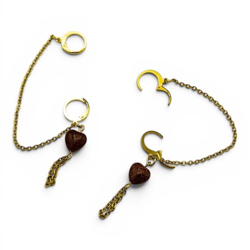 [déstockage -60%] boucles d'oreilles "dormeuses doubles cartilage lobe"  acier 304 et brown sandstone bijoux femme assembler mains (a278)