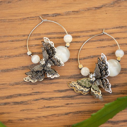 Boucles d'oreilles créoles "mariposa" code : destock50 acier inox et oeil de chat 30 mm bijoux femme assembler mains (927)