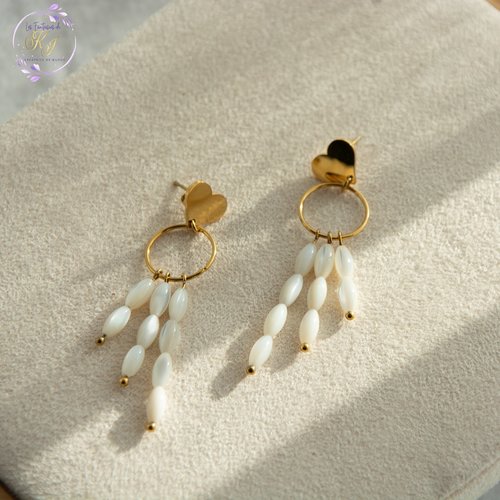 [déstockage -50%] boucles d'oreilles "jerrina" acier 316l et nacre 60 mm bijoux femme assembler mains (a742)