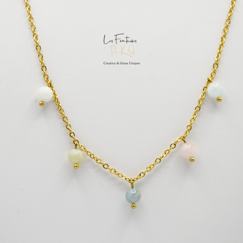 [déstockage -50%] collier "morganite" acier 316l doré et morganite 56 cm bijoux femme assembler mains (a906)