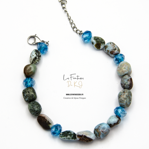 Bracelet de cheville "sans nom" code : destock50 acier 316l et larimar 21,6 cm bijoux femme assembler mains (a367)