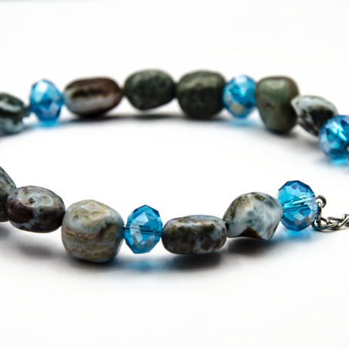 [déstockage -50%] bracelet de cheville "larimar" acier 316l et larimar 21 cm bijoux femme assembler mains (a367)