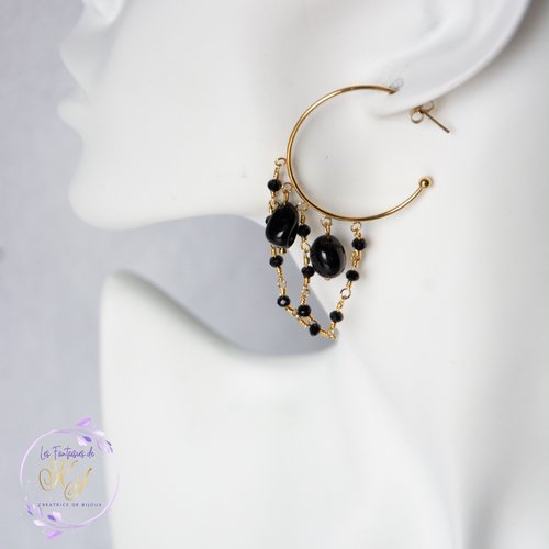 Créoles "odilia" code : destock50 acier 316l et obsidienne noire 3,6 cm bijoux femme assembler mains (a757)