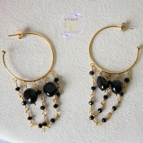 [déstockage -50%] créoles "odilia"  acier 316l et obsidienne noire 3,6 cm bijoux femme assembler mains (a757)
