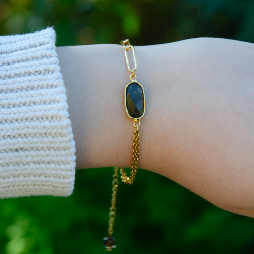 Bracelet "erina" code : destock50 acier 316l et quartz fumé 15 cm bijoux femme assembler mains (a726)