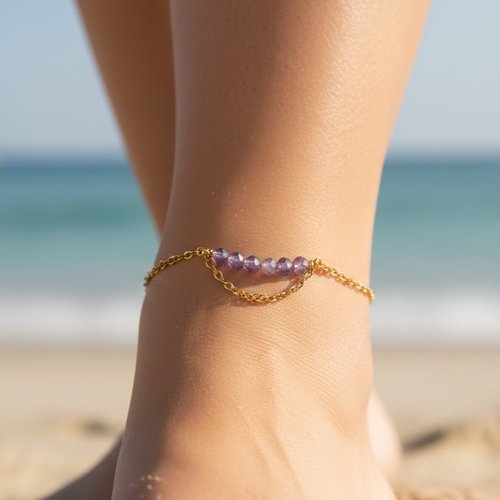 Bracelet de cheville "adina" code : destock50 acier 316l et améthyste 23,5 cm bijoux femme assembler mains (a642)