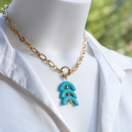 Collier "latania" [déstockage -50%] acier inox et howlite 42 cm bijoux femme assembler mains (a588)