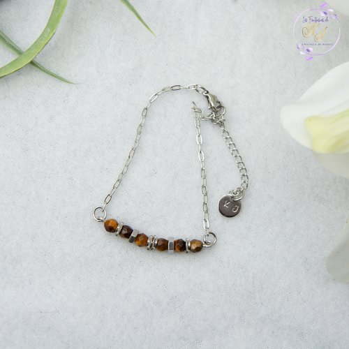 Bracelet "akira" code : destock50 acier 316l et œil de tigre 16,5 cm bijoux femme assembler mains (a707)