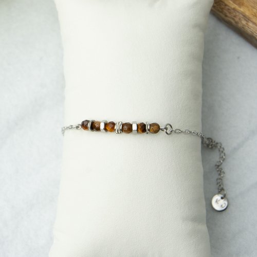[déstockage -50%] bracelet "akira"  acier 316l et œil de tigre 16,5 cm bijoux femme assembler mains (a707)