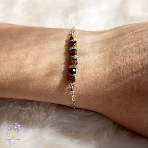 [déstockage -50%] bracelet "akira"  acier 316l et œil de tigre 16,5 cm bijoux femme assembler mains (a707)