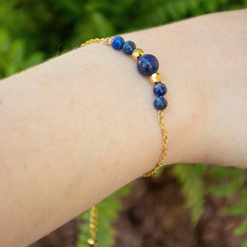 Bracelet "bleu céleste" code : destock50 acier inox et lapis lazuli 14,5 cm bijoux femme assembler mains (a520)