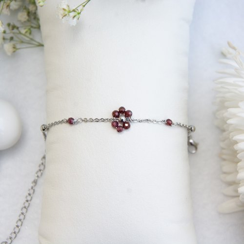 Bracelet "ardora" code : destock50 acier 316l et grenat 15 cm bijoux femme assembler mains (a847)