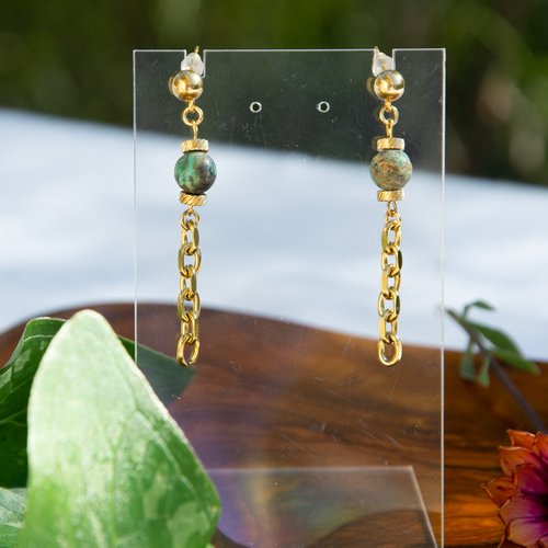 Boucles d'oreilles "alissandra" code : destock50 acier inoxydable et turquoise africaine 58 mm bijoux femme assembler mains (a797)